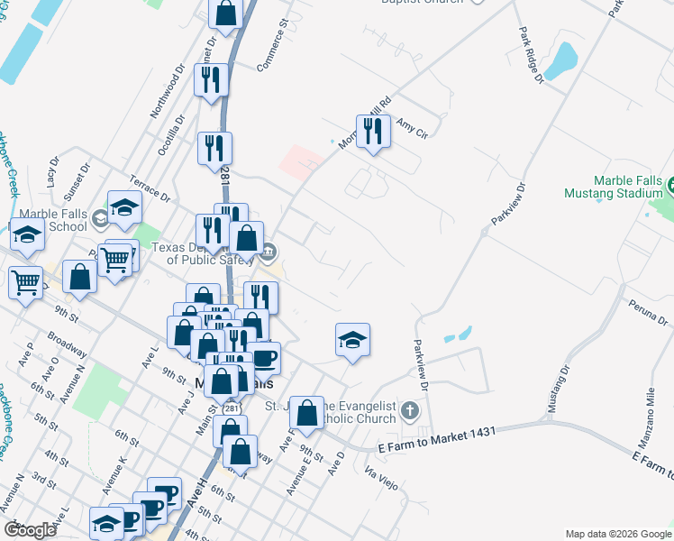 map of restaurants, bars, coffee shops, grocery stores, and more near 705 Claremont Parkway in Marble Falls