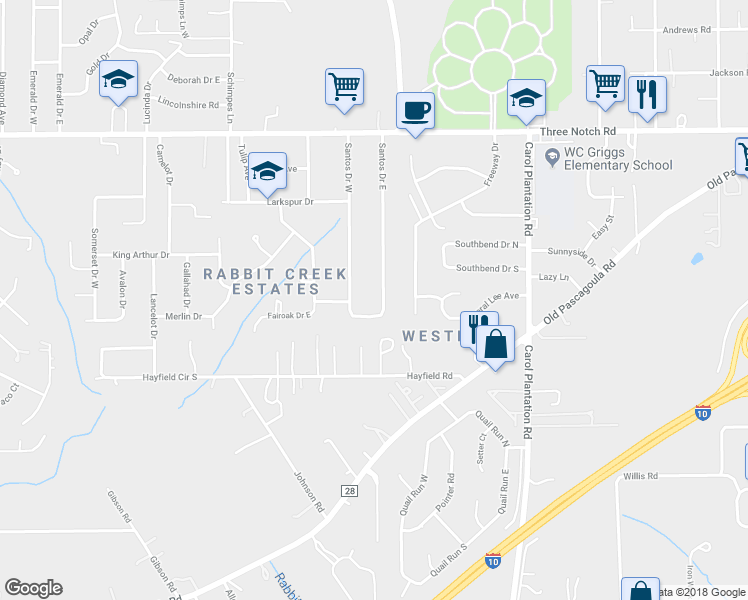 map of restaurants, bars, coffee shops, grocery stores, and more near 5180 Santos Drive East in Mobile