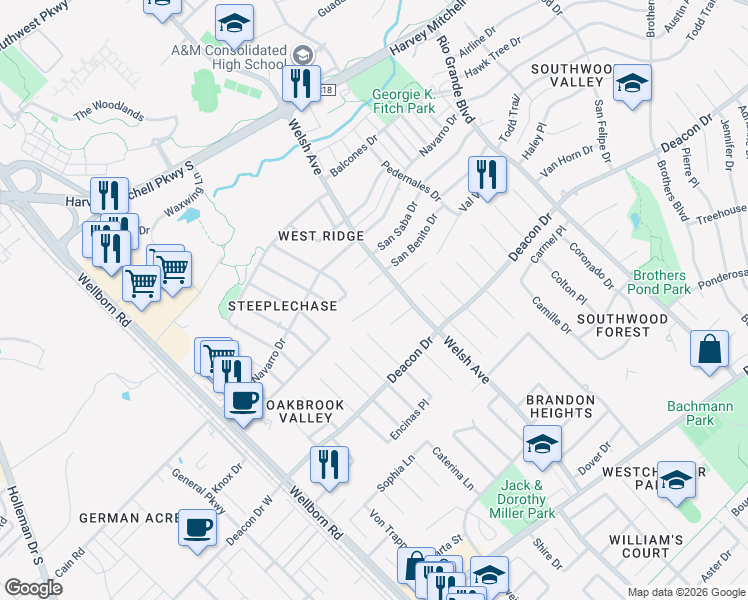 map of restaurants, bars, coffee shops, grocery stores, and more near 645 San Mario Court in College Station