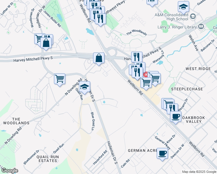 map of restaurants, bars, coffee shops, grocery stores, and more near 95 N Dowling Rd in College Station