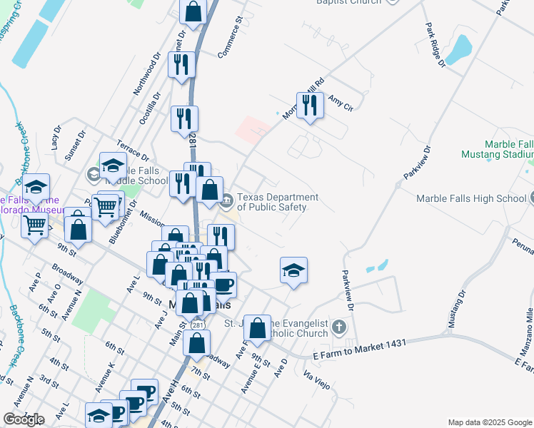 map of restaurants, bars, coffee shops, grocery stores, and more near 718 Claremont Parkway in Marble Falls