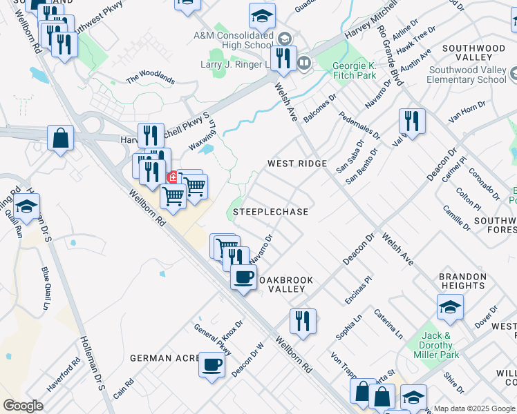 map of restaurants, bars, coffee shops, grocery stores, and more near 2314 Pronghorn Lane in College Station