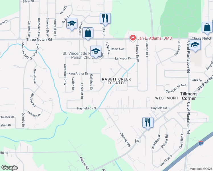 map of restaurants, bars, coffee shops, grocery stores, and more near 5150 Fairland Drive in Mobile