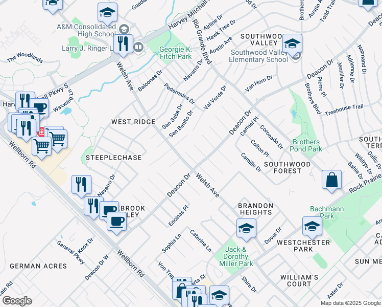 map of restaurants, bars, coffee shops, grocery stores, and more near 2803 Pueblo Court North in College Station
