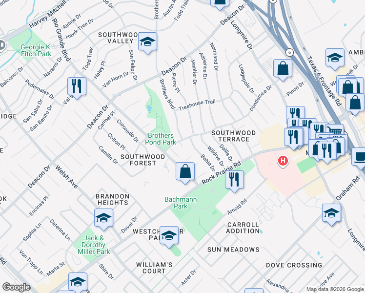 map of restaurants, bars, coffee shops, grocery stores, and more near 3201 Callie Circle in College Station