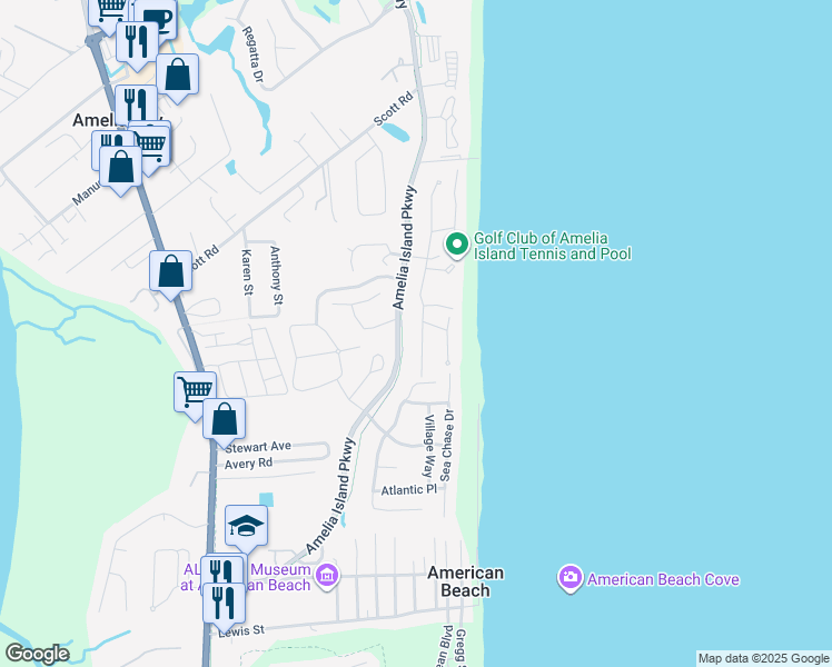 map of restaurants, bars, coffee shops, grocery stores, and more near 5059 Summer Beach Boulevard in Fernandina Beach