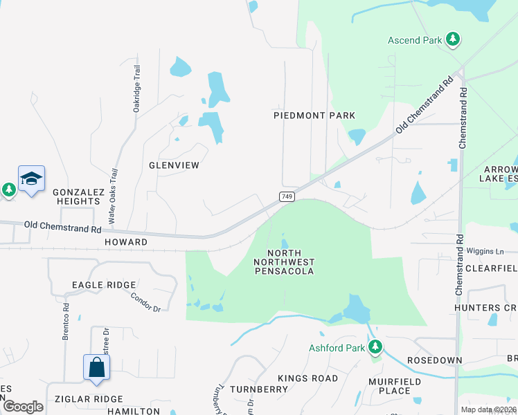 map of restaurants, bars, coffee shops, grocery stores, and more near 1202 Mill Creek Trail in Cantonment