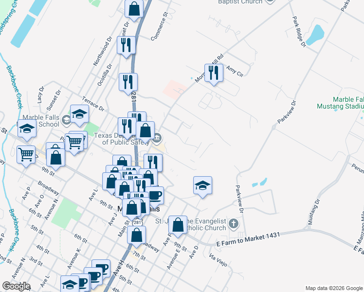 map of restaurants, bars, coffee shops, grocery stores, and more near 718 Claremont Parkway in Marble Falls