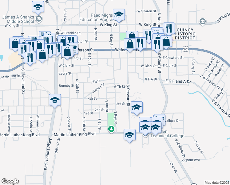 map of restaurants, bars, coffee shops, grocery stores, and more near 414 South Key Street in Quincy