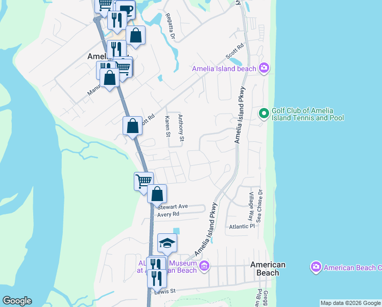 map of restaurants, bars, coffee shops, grocery stores, and more near 5081 Sabal Palm Road in Fernandina Beach