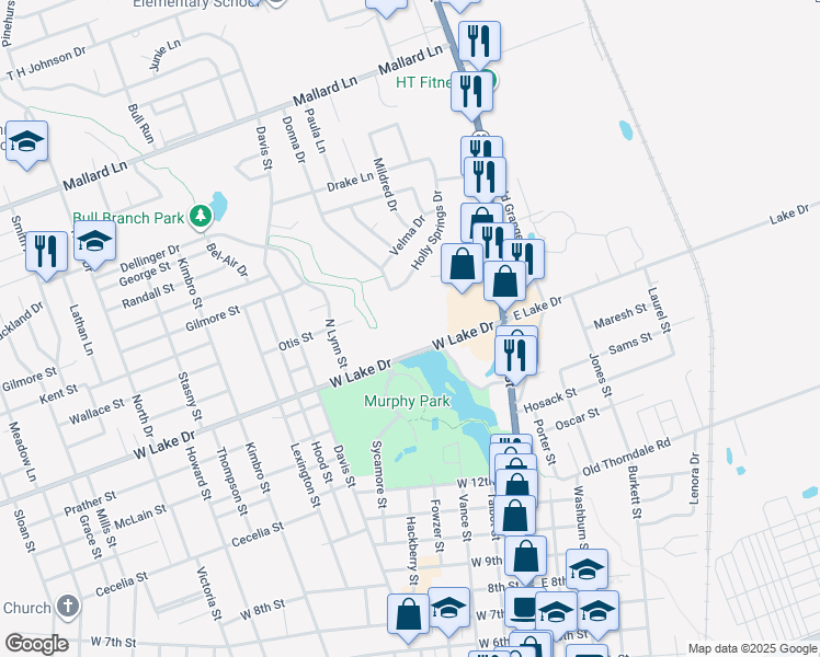 map of restaurants, bars, coffee shops, grocery stores, and more near 340 West Lake Drive in Taylor