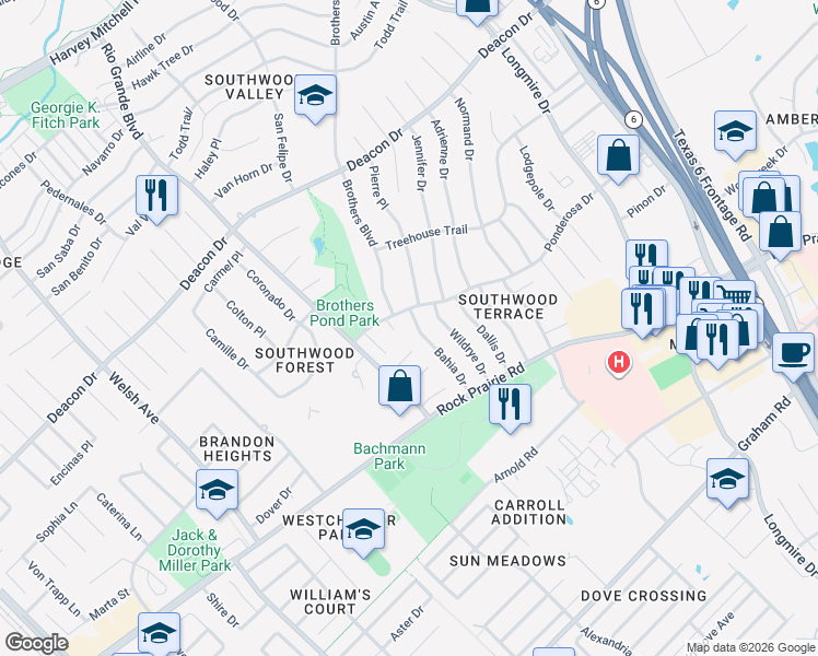 map of restaurants, bars, coffee shops, grocery stores, and more near 3201 Callie Circle in College Station