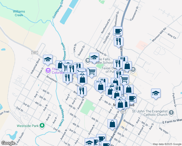 map of restaurants, bars, coffee shops, grocery stores, and more near 1511 Pony Drive in Marble Falls