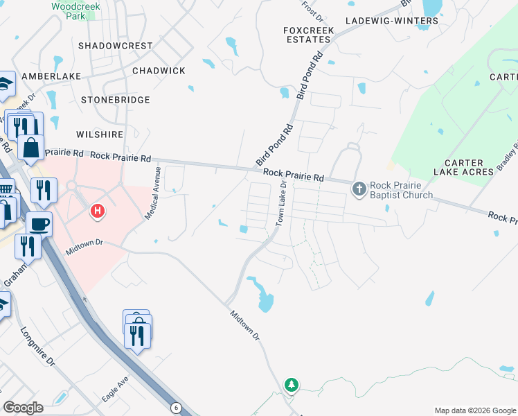 map of restaurants, bars, coffee shops, grocery stores, and more near Town Lake Drive in College Station