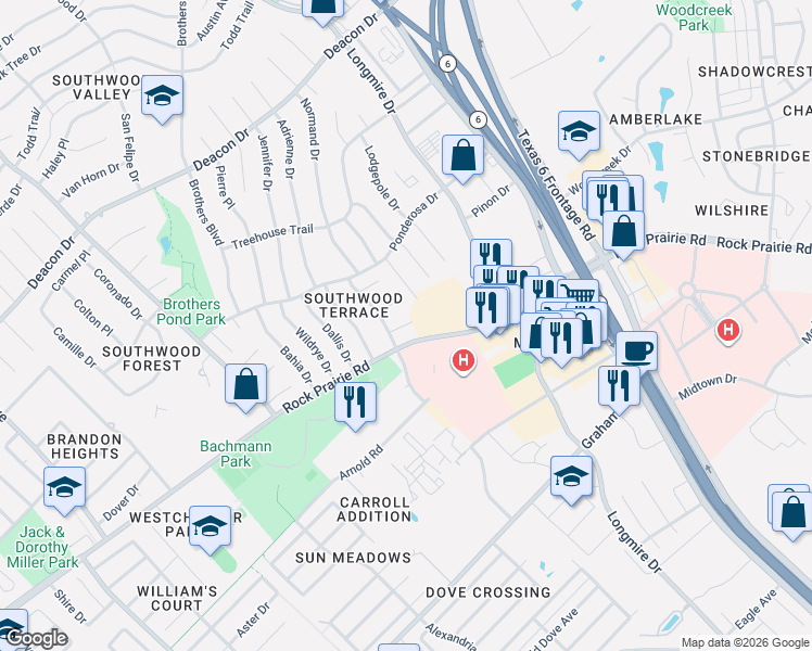 map of restaurants, bars, coffee shops, grocery stores, and more near 1415 Gramma Court in College Station