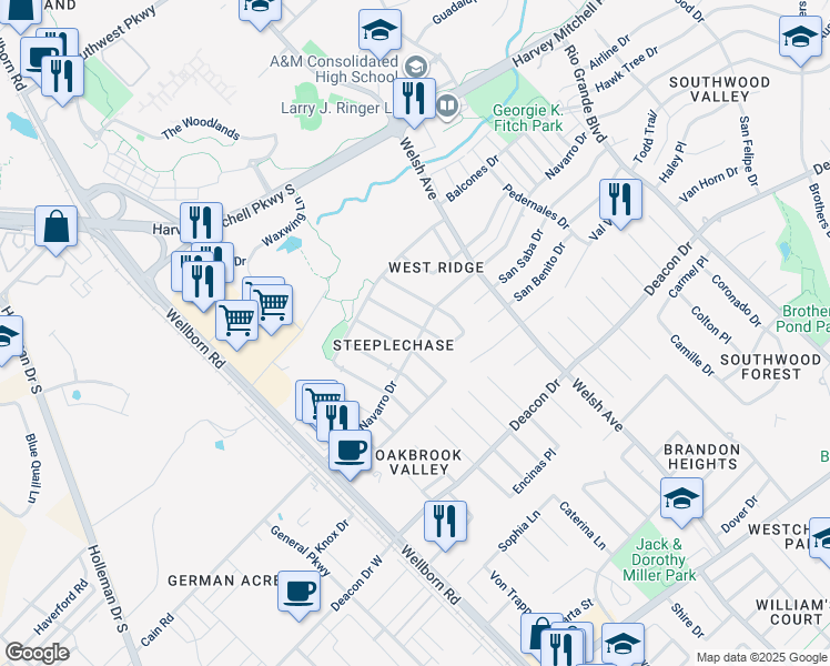 map of restaurants, bars, coffee shops, grocery stores, and more near 2336 Pheasant Lane in College Station