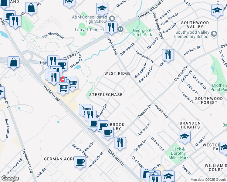 map of restaurants, bars, coffee shops, grocery stores, and more near 2338 Pintail Lane in College Station