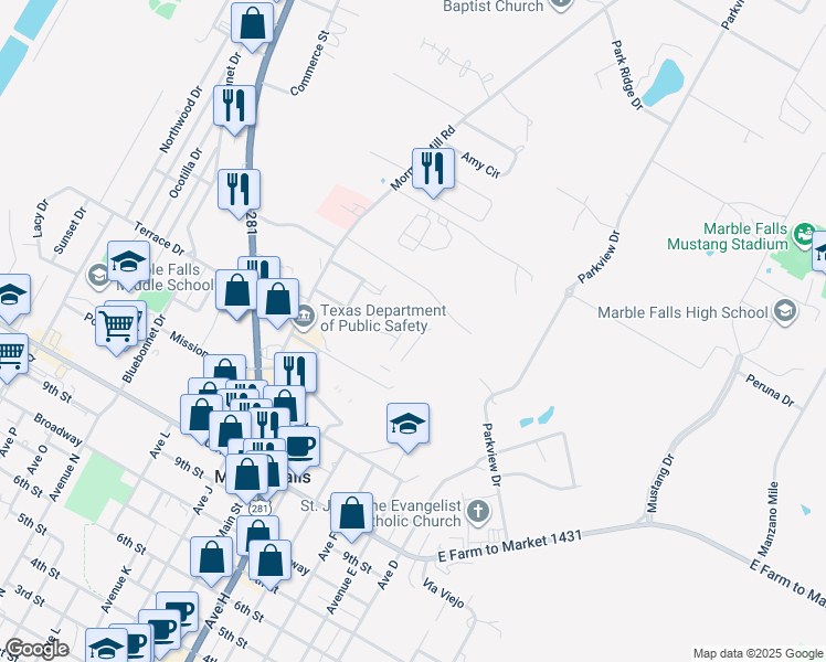 map of restaurants, bars, coffee shops, grocery stores, and more near 1603 North Claremont Circle in Marble Falls