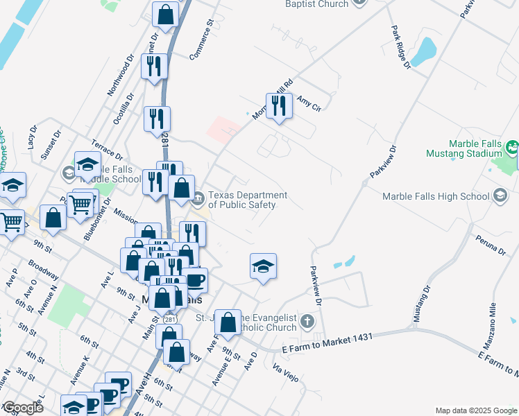 map of restaurants, bars, coffee shops, grocery stores, and more near 705 Claremont Parkway in Marble Falls