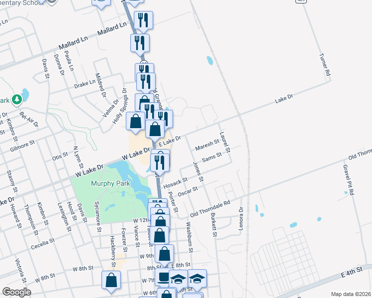 map of restaurants, bars, coffee shops, grocery stores, and more near 1611 Jones Street in Taylor