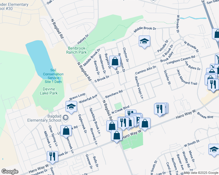 map of restaurants, bars, coffee shops, grocery stores, and more near 6301 North Bagdad Road in Leander