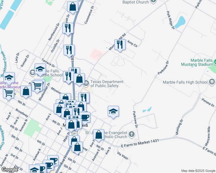 map of restaurants, bars, coffee shops, grocery stores, and more near 705 Claremont Parkway in Marble Falls