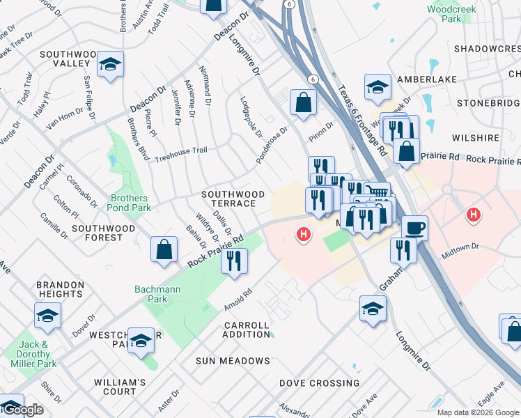 map of restaurants, bars, coffee shops, grocery stores, and more near 1415 Gramma Court in College Station
