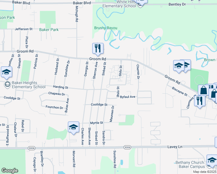 map of restaurants, bars, coffee shops, grocery stores, and more near 5112 Fullerton Avenue in Baker