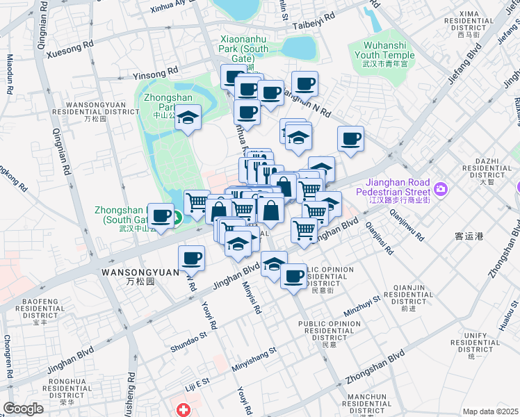 map of restaurants, bars, coffee shops, grocery stores, and more near Jiefang Avenue & Xinhua Road in Wuhan