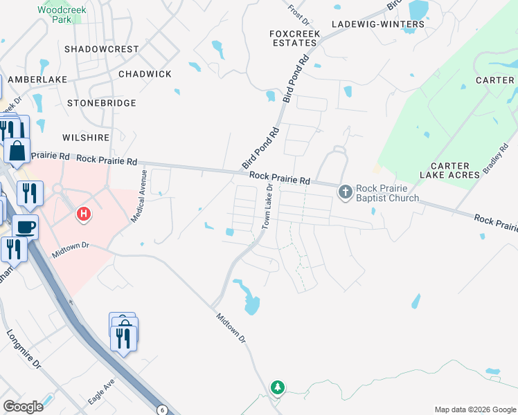 map of restaurants, bars, coffee shops, grocery stores, and more near Town Lake Drive in College Station