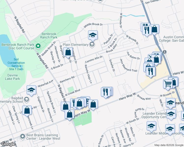 map of restaurants, bars, coffee shops, grocery stores, and more near 717 Ranchero Road in Leander