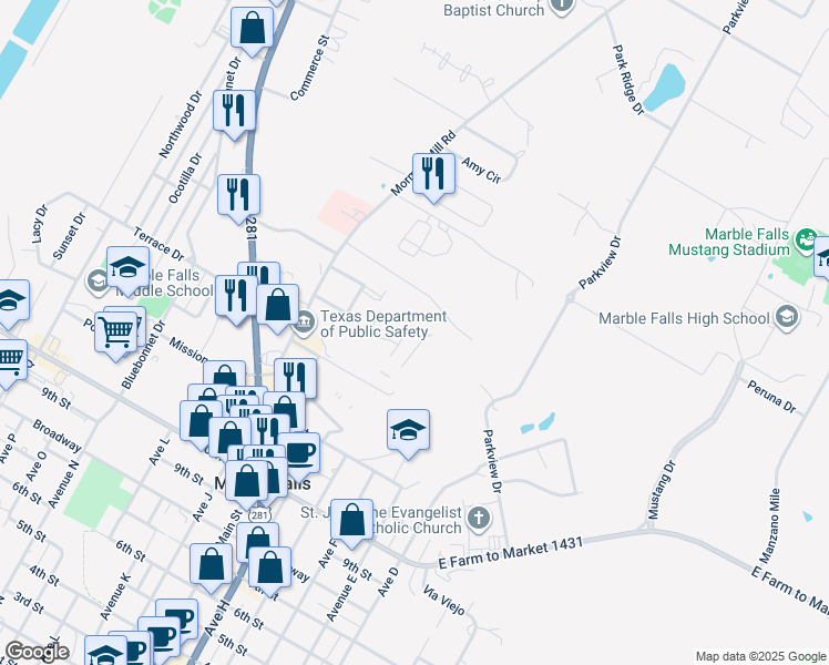 map of restaurants, bars, coffee shops, grocery stores, and more near 1603 North Claremont Circle in Marble Falls