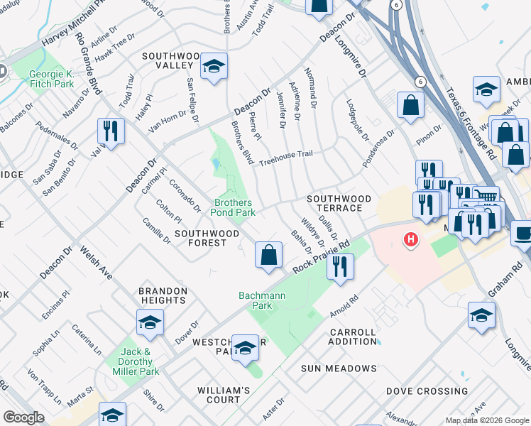 map of restaurants, bars, coffee shops, grocery stores, and more near 3201 Callie Circle in College Station