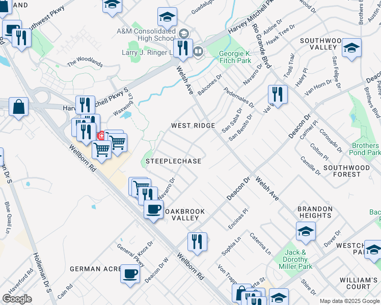 map of restaurants, bars, coffee shops, grocery stores, and more near 2444 Pintail Loop in College Station