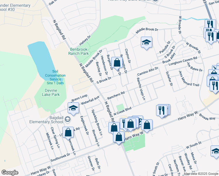 map of restaurants, bars, coffee shops, grocery stores, and more near 6301 North Bagdad Road in Leander