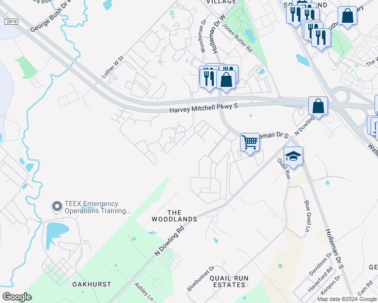 map of restaurants, bars, coffee shops, grocery stores, and more near Cottage Lane in College Station