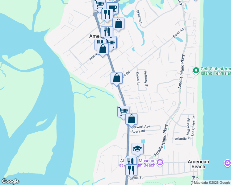 map of restaurants, bars, coffee shops, grocery stores, and more near 5059 1st Coast Highway in Fernandina Beach