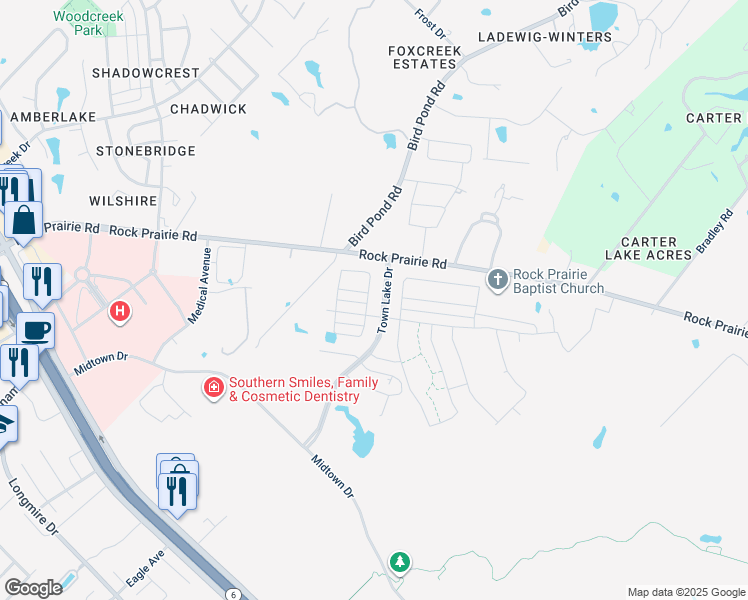 map of restaurants, bars, coffee shops, grocery stores, and more near Town Lake Drive in College Station
