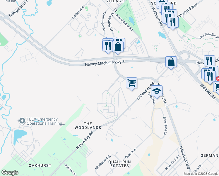 map of restaurants, bars, coffee shops, grocery stores, and more near Cottage Lane in College Station