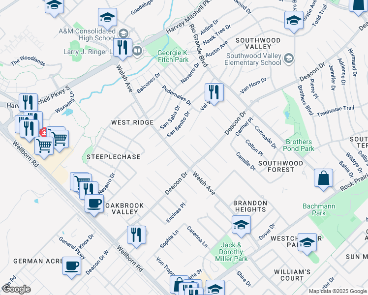 map of restaurants, bars, coffee shops, grocery stores, and more near 2803 Pueblo Court North in College Station