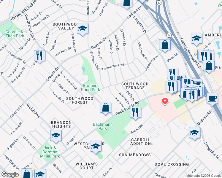 map of restaurants, bars, coffee shops, grocery stores, and more near 3202 Wildrye Drive in College Station