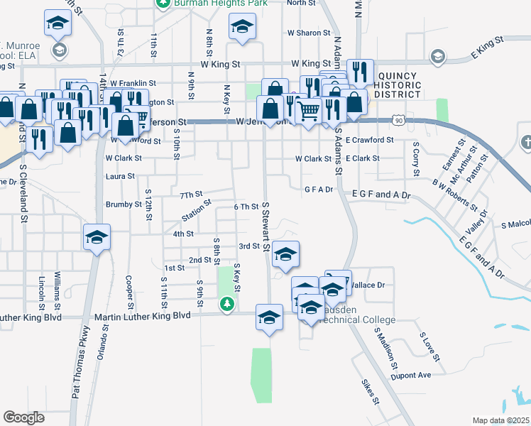 map of restaurants, bars, coffee shops, grocery stores, and more near 410 5 Th Street in Quincy