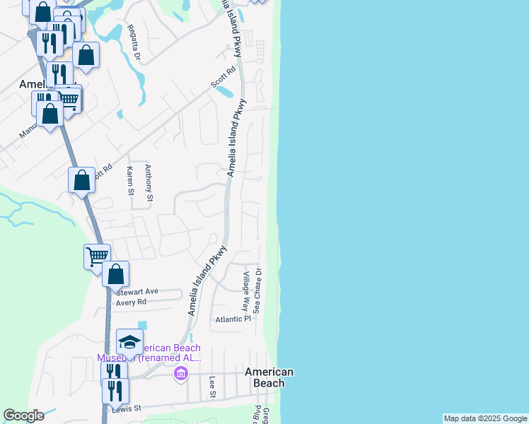 map of restaurants, bars, coffee shops, grocery stores, and more near 5034 Outrigger Drive in Fernandina Beach