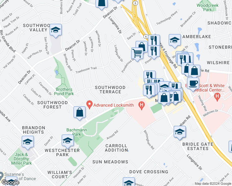 map of restaurants, bars, coffee shops, grocery stores, and more near 3316 Normand Drive in College Station