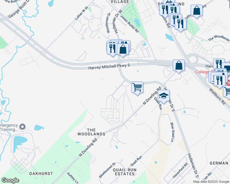 map of restaurants, bars, coffee shops, grocery stores, and more near Cottage Lane in College Station