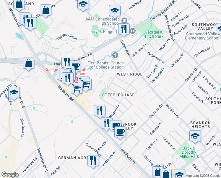 map of restaurants, bars, coffee shops, grocery stores, and more near 2303 Pronghorn Lane in College Station