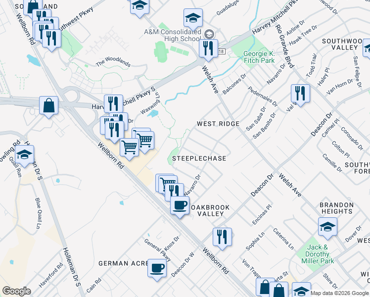 map of restaurants, bars, coffee shops, grocery stores, and more near 2303 Pronghorn Lane in College Station