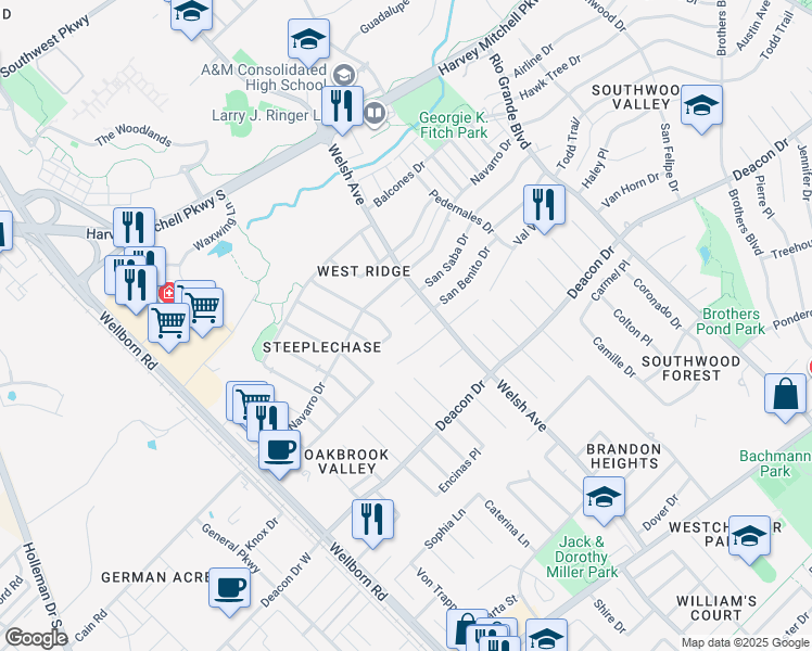 map of restaurants, bars, coffee shops, grocery stores, and more near 603 San Benito Court in College Station