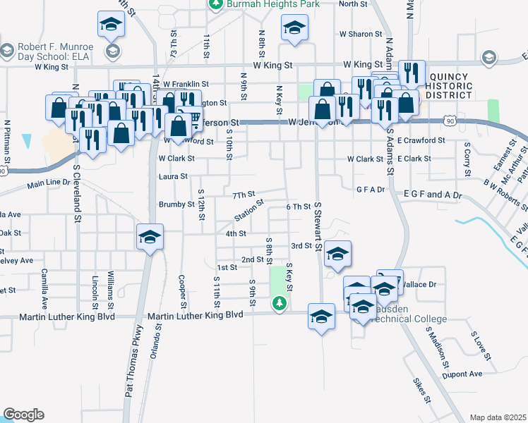 map of restaurants, bars, coffee shops, grocery stores, and more near 402 South 8th Street in Quincy