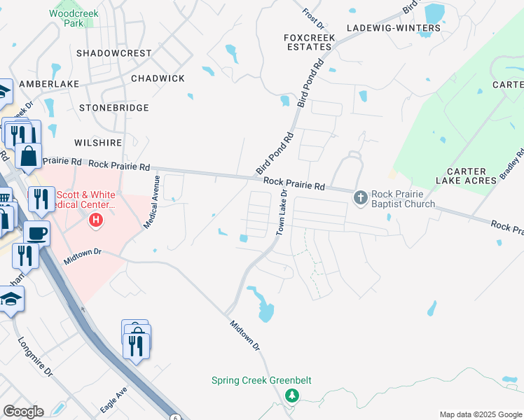 map of restaurants, bars, coffee shops, grocery stores, and more near Town Lake Drive in College Station